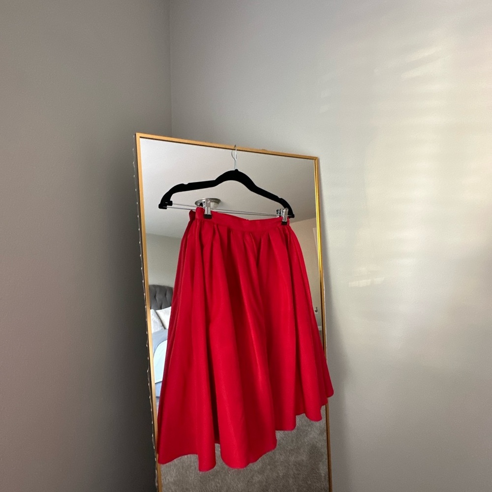 Red Midi Skirt — Classic Gathered Waist
